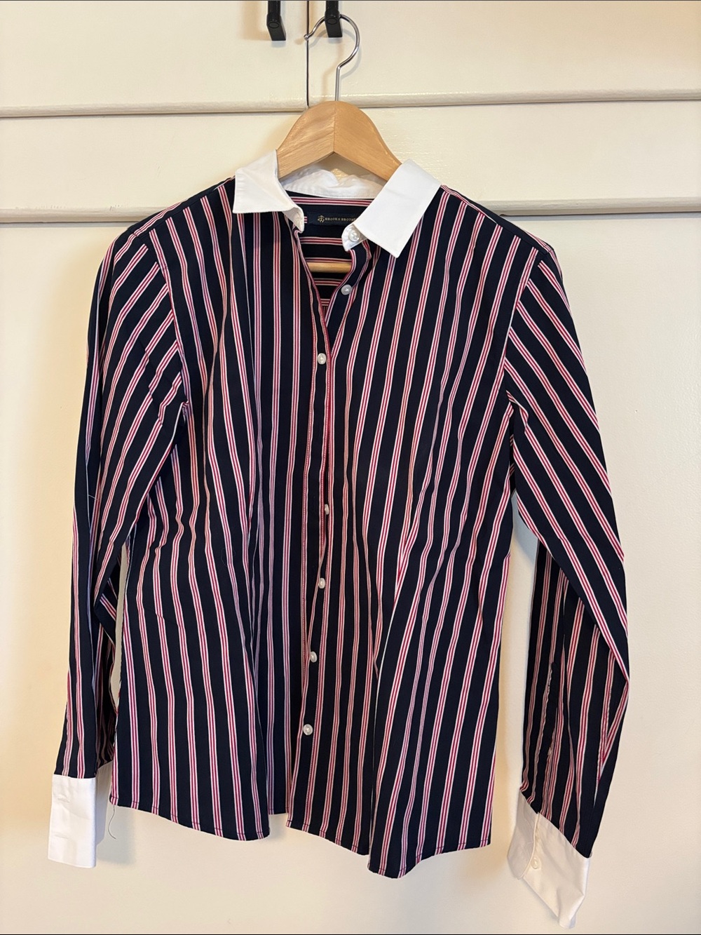 Brooks Brothers Navy and Pink Striped Dress Shirt with White Collar